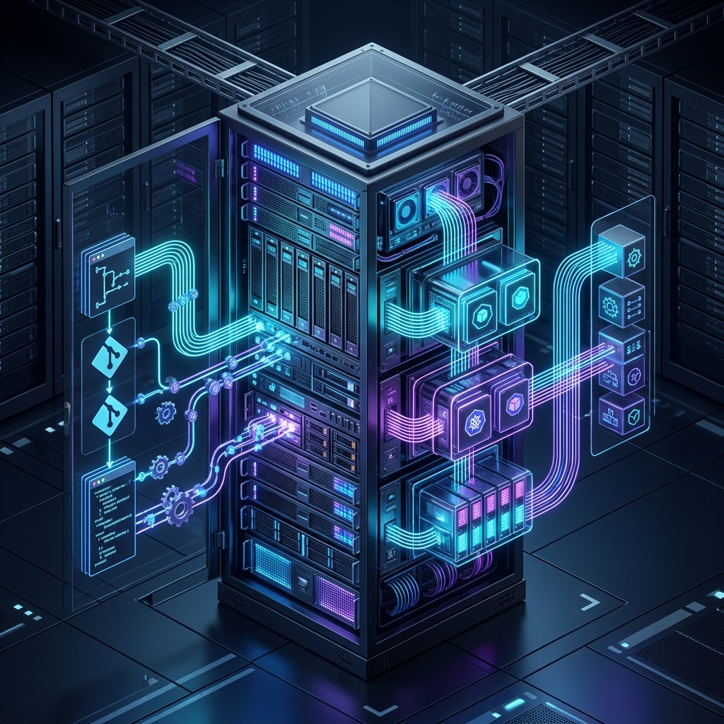 Futuristic isometric server rack showing automated GitOps deployment streams