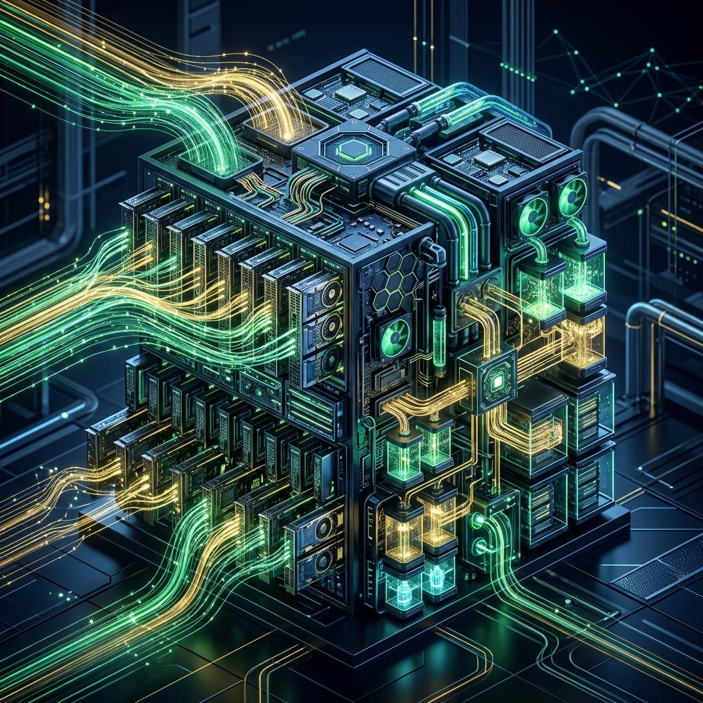 Futuristic isometric server rack showing optimized GPU compute streams