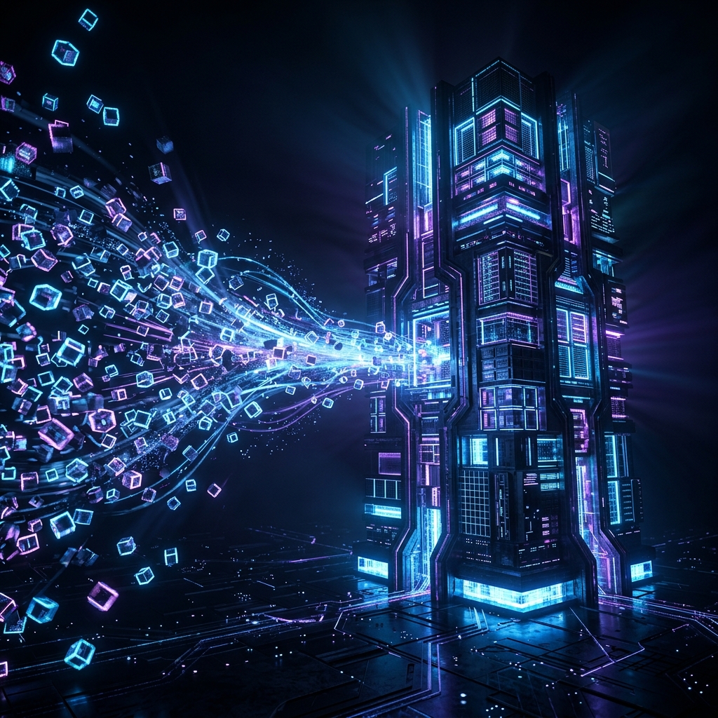 Visualization of fragmented data consolidating into a monolith